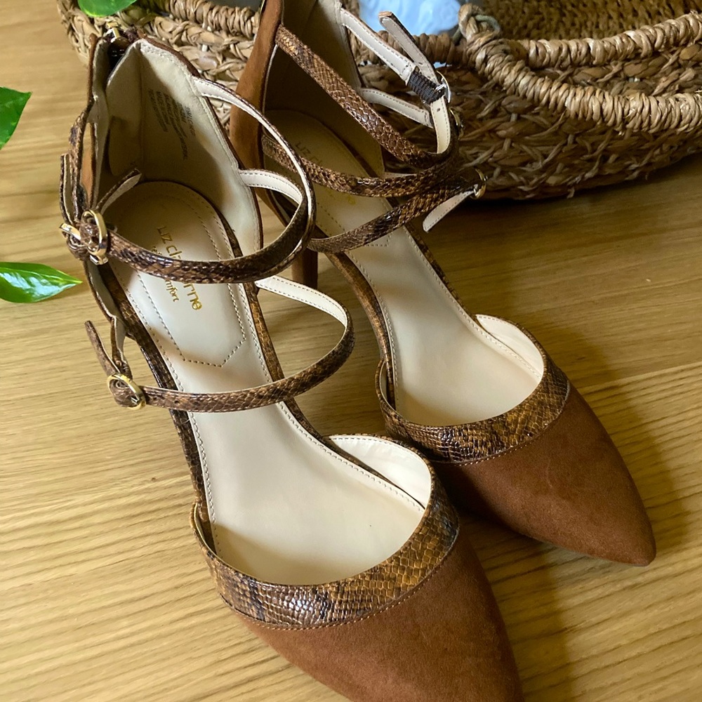 NEVER WORN Brown Suede and Snake Print Heels.